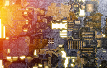 Futuristic yellow and orange tech panel background with lots of details
