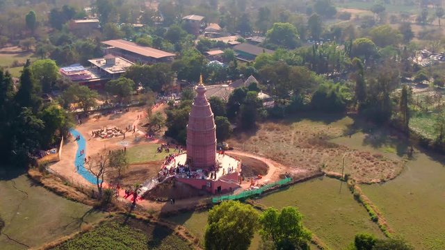 "Madana Mohana" temple in Govardhan e.v., India, 4k aerial drone footage