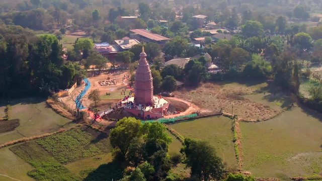 "Madana Mohana" temple in Govardhan e.v., India, 4k aerial drone footage