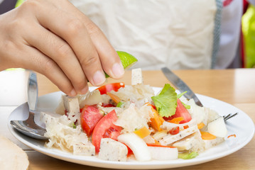 Lemon and cooking. Spicy and sweet and sour taste.and salad.