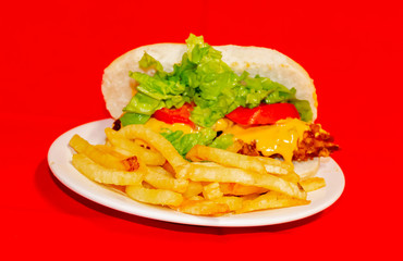 Sandwiches fried chicken, tomatoes, lettuce leaves and French fries with red background.