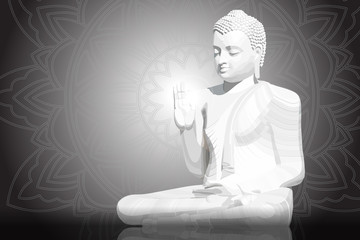 Meditating white Buddha posture on black mandala background