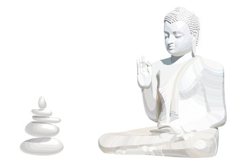 Meditating white Buddha posture with stones on white background
