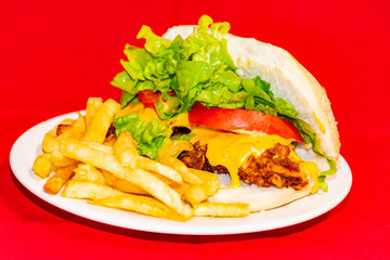  Sandwiches fried chicken, tomatoes, lettuce leaves and French fries with red background.