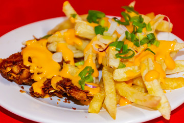 Potatoes and chicken with cheddar sauce and garnished with chives.