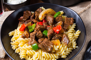 Fussili noodle with klaschise spicy goulash and paprika