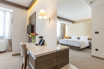 Fototapeta na wymiar Interior of a beige brown hotel room