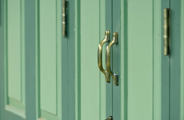 Retro brass door handle on a green door