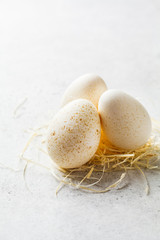 Turkey eggs on hay on white background.