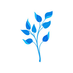 Branch with small blue leaves. Vector illustration on white background.