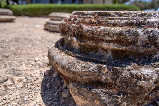 The base of the ancient column of the historic city of Ziporyn, a national park, Israel. Tourism and travel