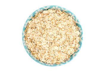 oat flakes in a bowl isolated on a white background.Top view.