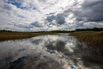 beautiful sunset by the lake with green grass meadow and white clouds in the blue sky