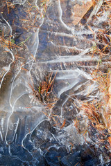 Ice background texture. Frozen puddle macro. Sping or winter photo