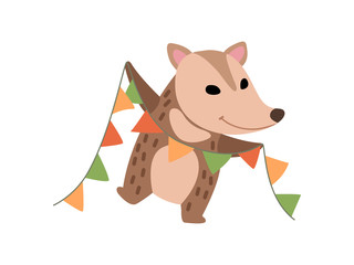 Cute Opossum with Party Flags, Adorable Wild Animal Cartoon Character at Party Vector Illustratio