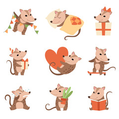 Cute Opossums Set, Adorable Wild Animals Cartoon Characters in Various Situations Vector Illustration