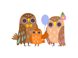 Happy Family of Owls, Father, Mother and Their Baby Owlet Posing with Balloon, Cute Cartoon Birds Characters Vector Illustration