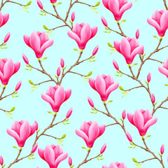Watercolor pink magnolia flowers seamless pattern. Hand painted illustration on blue background for decoration, fabrics, wrapping