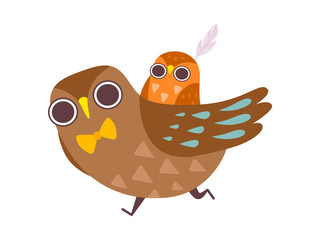 Father Owl Carrying His Baby on His Back, Happy Family of Owls, Father, Cute Cartoon Birds Characters Vector Illustration