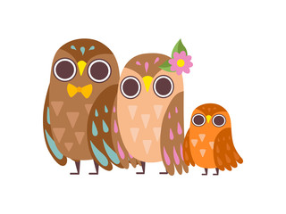 Happy Family of Owls, Father, Mother and Their Baby Standing Together, Cute Cartoon Birds Characters Vector Illustration