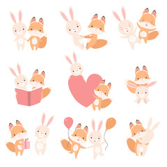 Lovely White Little Bunny and Fox Cub Having Fun Together Set, Cute Best Friends, Adorable Rabbit and Pup Cartoon Characters Vector Illustration