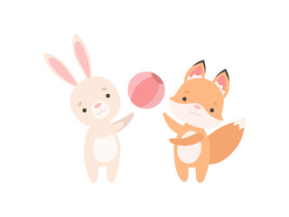Obraz na płótnie Canvas Lovely White Little Bunny and Fox Cub Playing with Ball, Cute Best Friends, Adorable Rabbit and Pup Cartoon Characters Vector Illustration