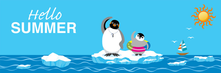 Penguin family exercising before the sea bathing - Included words “Hello Summer