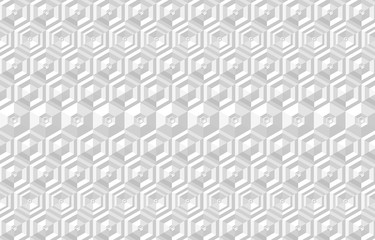 Abstract hexagonal 3d background. Illusion grey colors with shadows. Geometry line pattern for surface design, fabric, wrapping paper. Modern abstract repeatable motif. Vector hexahedron light tiles.