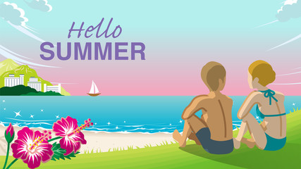 Young couple sitting to view sunset in the summer beach  - Included words “Hello Summer