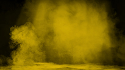 Yellow stage spotlight with smoke on the floor . Misty texture overlays backround