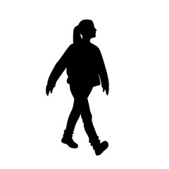 Girl taking a walk. Black silhouette isolated on white background. Concept. Vector illustration of girl in street wear going for a stroll. Stencil. Monochrome minimalism