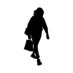 Girl with curly hair walking. Black silhouette isolated on white background. Concept. Vector illustration of girl with shopping package. Stencil. Monochrome minimalism