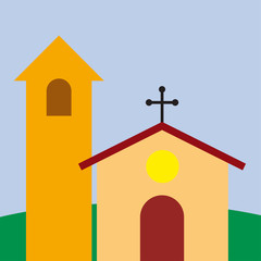 Vector square, church with steeple and ceiling rose