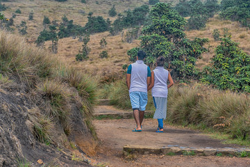 Fototapeta premium A Beautiful Young Love Happy Couple in Casual Travel Clothing Walking Arm in Arm on a Trail in Horton Plains, Nuwara Eliya Sri Lanka