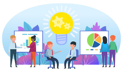 Brainstorm, think, business plan, discussion. People in the office talking, chatting at meeting. Poster for social media, web page, banner, presentation. Flat design vector illustration