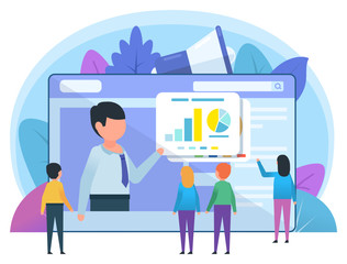Online learning, meeting, education, courses. People stand near web page and watch video. Poster for social media, web page, banner, presentation. Flat design vector illustration