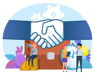 Business deal, agreement. Small people stand near big hands handshake, briefcase, watches. Poster for social media, banner, presentation, web page. Flat design vector illustration