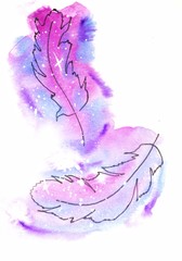 watercolor sketch illustration, tattoo style: contour of two falling feathers on a background of pink and lilac cosmos-like spots with white stars