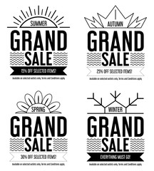 Set of 4 seasons Grand Sale promotion typographic banner. Summer, Spring, Autumn, Winter Sale banner design for web and print. Vector illustration