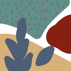 Modern abstract art design with organic shapes. Contemporary collage style design with hand drawn botanical elements and abstract shapes in trendy warm color palette. 