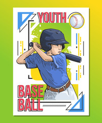 Youth baseball, little player with baseball bat on abstract background. Sport poster, print graphic design. Bright, colorful vector illustration