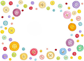 Many different colorful sewing buttons on white background. Copy space in the middle. 