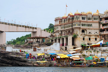 OMKARESHWAR, MADHYA PRADESH, INDIA, August 2018, Tourist and devotees at Lord Shiva's Siddhnath temple on the banks of Narmada river.