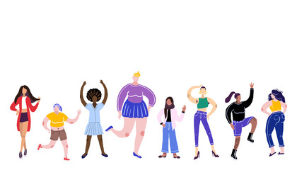 Body positivity concept. All bodies are good bodies. Vector illustration. Women of different races and physiques