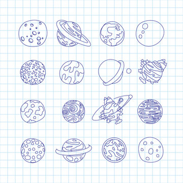 Cute cartoon astronomy planet icon set. Cartoon icons of different doodle planets, exo planets, planetary rings, satellites,