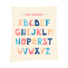 Vector cartoon alphabet for kids. Upper letters with dotted line. Cute abc design for book cover, poster, card, print on baby's clothes, pillow etc.