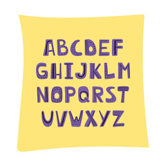 Vector cartoon alphabet for kids. Upper letterswith doodle patterns. Cute abc design for book cover, poster, card, print on baby's clothes, pillow etc.