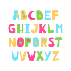 Cute colorful alphabet. Hand letters of candy colors. Cute funny letters for children's books, cards, banners, poster, clothes. Alphabet for holiday and birthday.