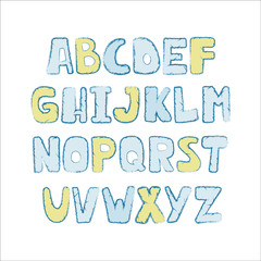 Cute colorful alphabet with textural stroke. Hand letters of candy colors. Cute funny letters for children's books, cards, banners, clothes. Alphabet for holiday and birthday.