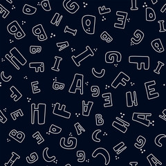 Seamless pattern with black and white letters. Vector background with alphabet for fabric, banner, wrapping paper, bed linen, wallpaper. Doodle pattern with letters.